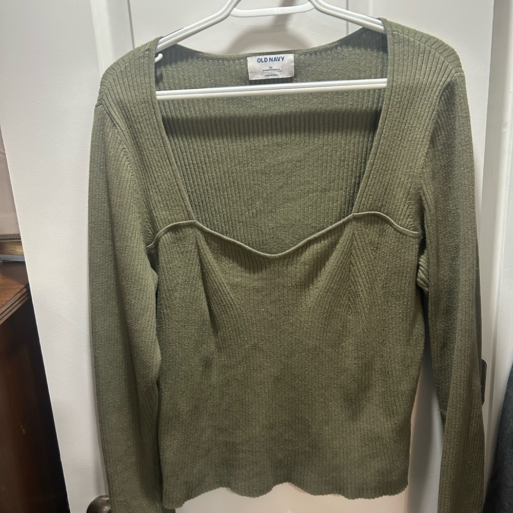Old Navy Olive Green Ribbed Sweetheart Neck Long Sleeve Top